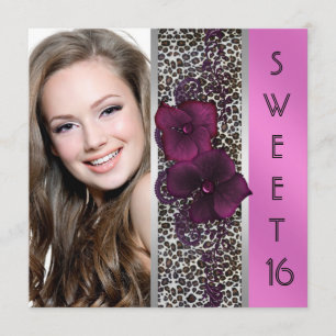 Invitation Bourgogne rose vif léopard photo Sweet Sixteen