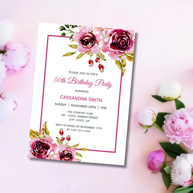 Invitation Bourgogne rose violet Rose Rustique Floral Anniver (Créateur téléchargé)