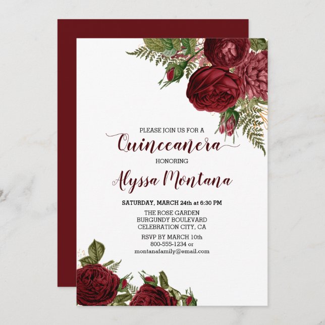 Invitation Bourgogne Roses Rouges Florales Quinceanera Invita (Devant / Derrière)