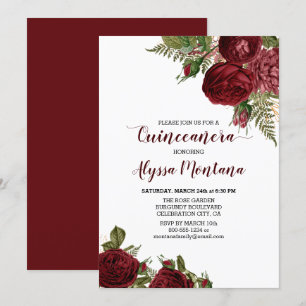 Invitation Bourgogne Roses Rouges Florales Quinceanera Invita