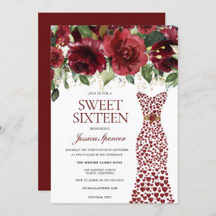 Invitation Bourgogne Rouge amour Coeur robe Sweet sixteen Flo