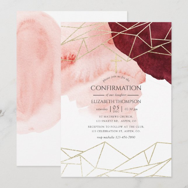 Invitation Bourgogne Rouge Aquarelle Géométrique Confirmation (Devant / Derrière)
