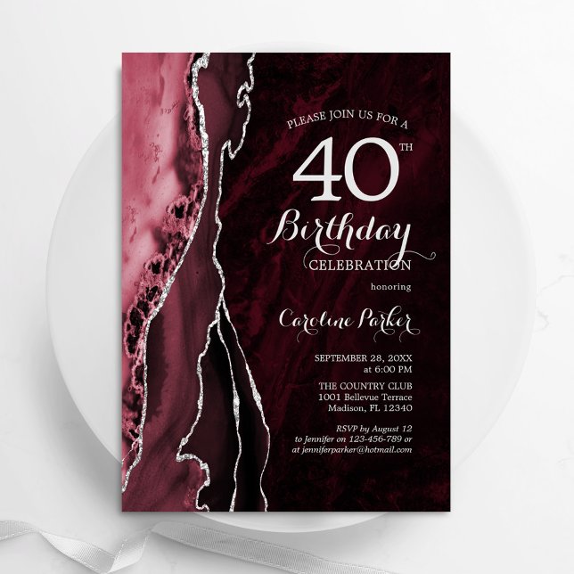 Invitation Bourgogne Rouge Argent Agate 40e anniversaire (Créateur téléchargé)