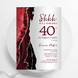 Invitation Bourgogne Rouge Argent Agate Surprise 40e annivers<br><div class="desc">Un agate noir bordeaux rouge et argenté surprend l'invitation de la fête du 40e anniversaire. Design élégant et moderne avec aquarelle agate marbre arrière - plan, faux parties scintillant argent et typographie script. Carte invitation branchée parfaite pour une célébration anniversaire féminine élégante. Invitations Zazzle imprimées ou téléchargement instantané modèle imprimable...</div>