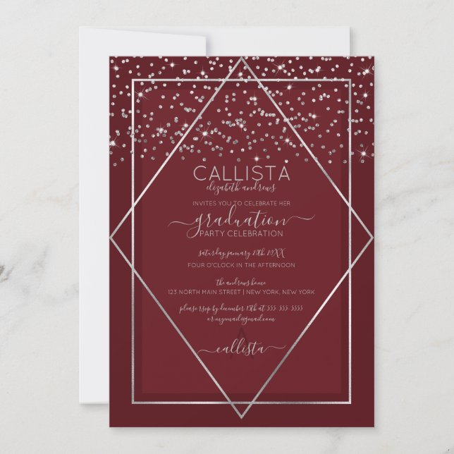 Invitation Bourgogne Rouge Argent Confetti Bordure Graduation (Devant)
