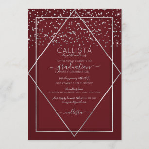 Invitation Bourgogne Rouge Argent Confetti Bordure Graduation
