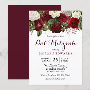 Invitation Bourgogne Rouge Blanc Floral Bat mitzvah Invitatio