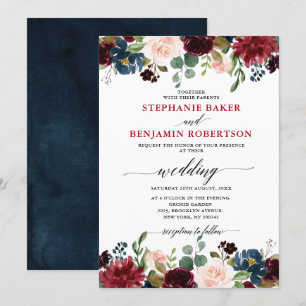 Invitation Bourgogne Rouge bleu Floral Russe Boho mariage