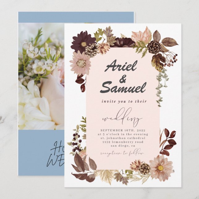 Invitation Bourgogne Rouge Bleu Or Mariage géométrique de ver (Devant / Derrière)