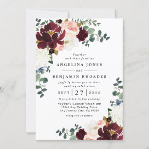 Invitation Bourgogne Rouge Bleu rose et or Mariage Floral