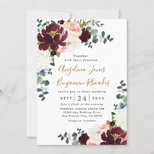 Invitation Bourgogne Rouge Bleu rose et or Mariage Floral
