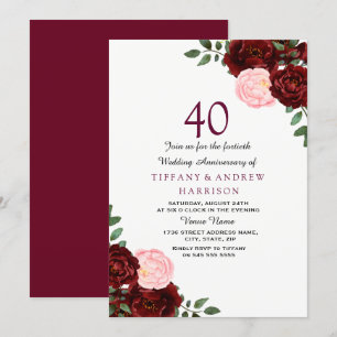 Invitation Bourgogne Rouge Blush Floral 40e anniversaire Mari