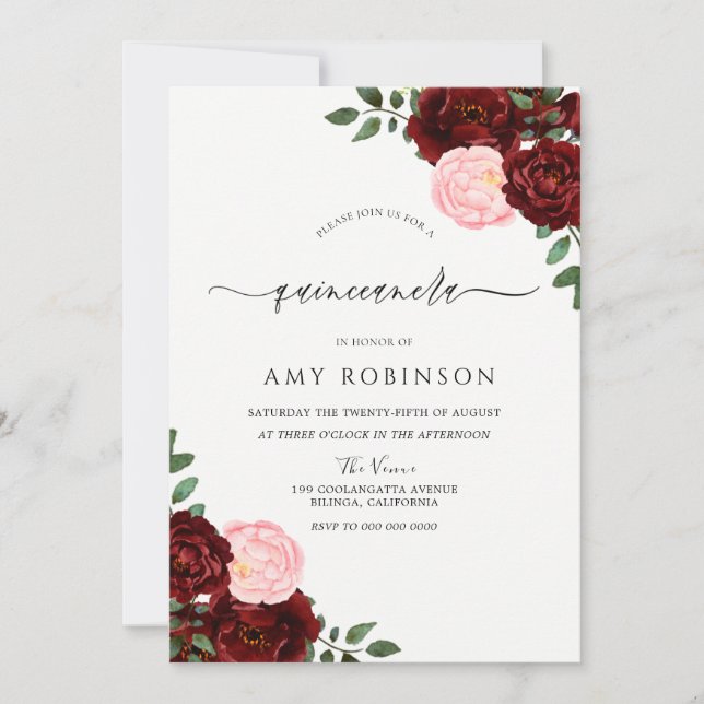 Invitation Bourgogne Rouge & Blush Roses Quinceanera Invitati (Devant)