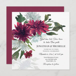 Invitation Bourgogne Rouge Dusty Bleu Floral Mariage chrétien