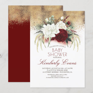 Invitation Bourgogne Rouge et blanc Floral Élégant Baby showe
