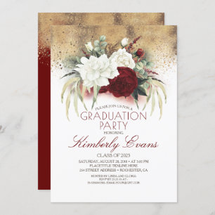 Invitation Bourgogne Rouge et Blanc Floral Élégant Graduation