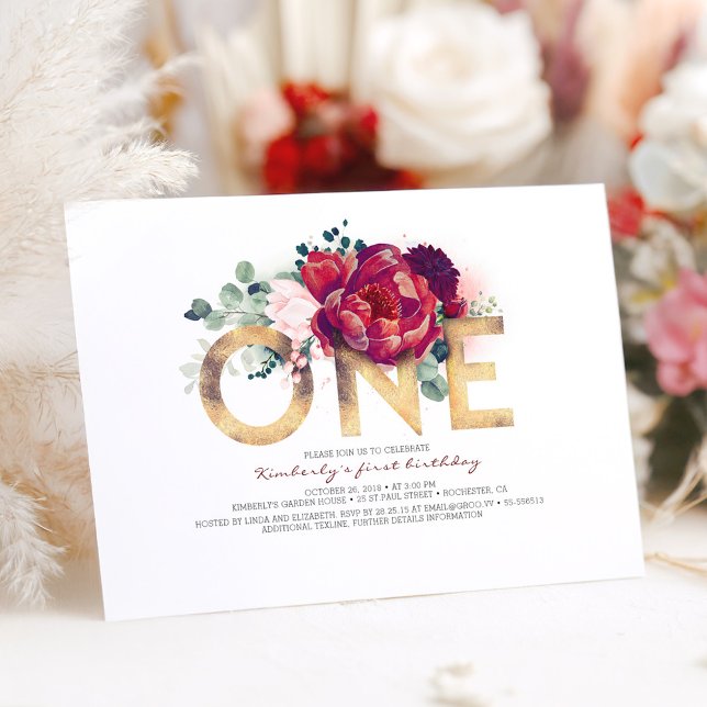 Invitation Bourgogne Rouge et or Floral 1er anniversaire (Floral 1st Birthday Invitation)