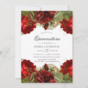 Invitation Bourgogne Rouge et Or Roses Anciennes Quinceañera