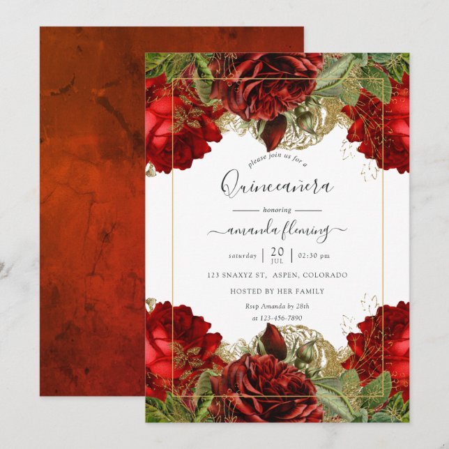 Invitation Bourgogne Rouge et or Vintage Roses Quinceañera (Devant / Derrière)