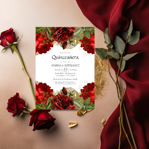 Invitation Bourgogne Rouge et or Vintage Roses Quinceañera