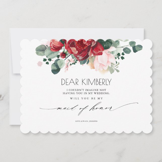 Invitation Bourgogne rouge et rose serez-vous ma femme d'honn (Devant)