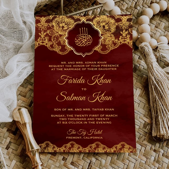 Invitation Bourgogne Rouge Feuille d'Or Dentelle Mariage Isla (Créateur téléchargé)