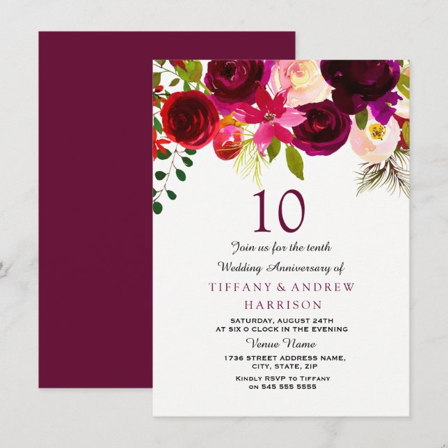 Invitation Bourgogne Rouge Floral Boho 10e Anniversaire de Ma (Devant / Derrière)