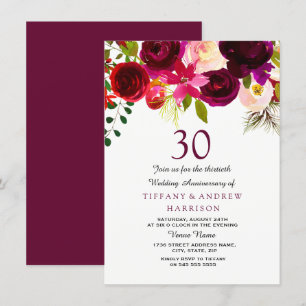 Invitation Bourgogne Rouge Floral Boho 30e Anniversaire de Ma