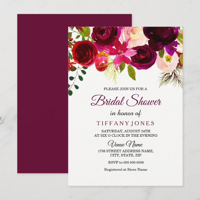 Invitation Bourgogne Rouge Floral Boho Fête des mariées Invit (Devant / Derrière)