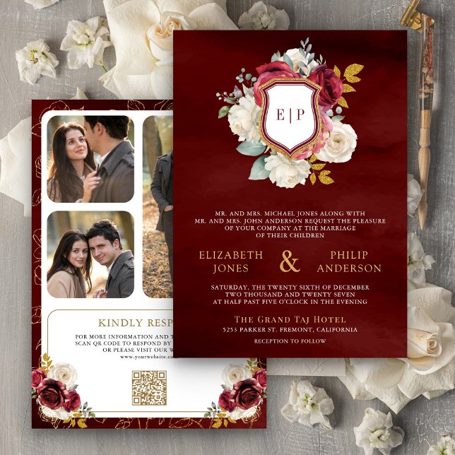 Invitation Bourgogne Rouge Floral Code QR Photo Blason Mariag (Créateur téléchargé)