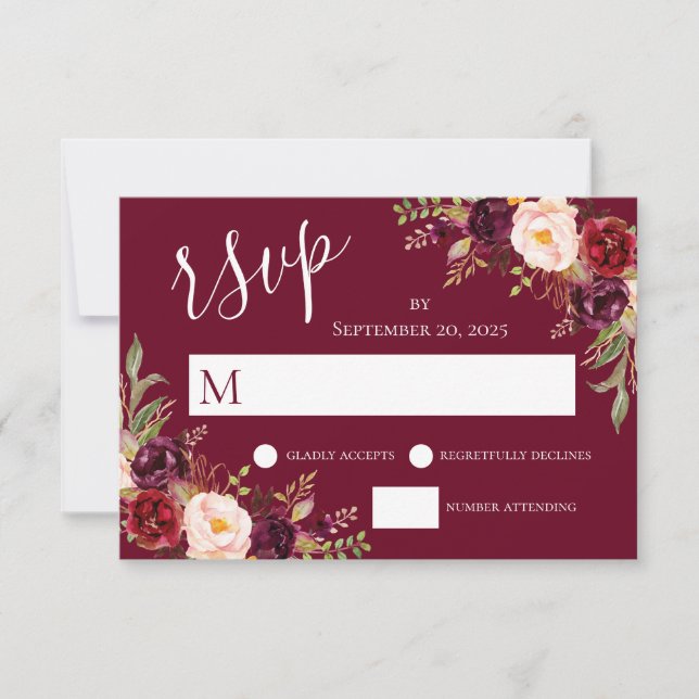 Invitation Bourgogne Rouge Floral Mains Lettré Mariage RSVP (Devant)