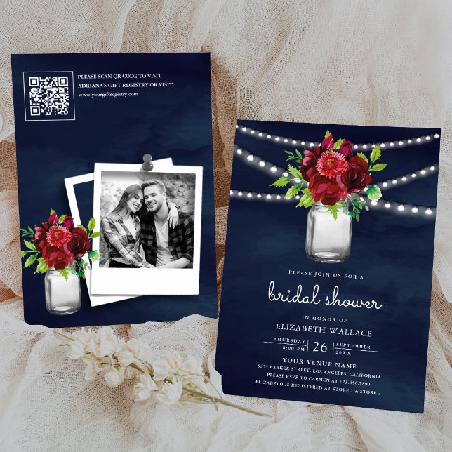 Invitation Bourgogne Rouge Floral Marine Code QR Réception de (Créateur téléchargé)