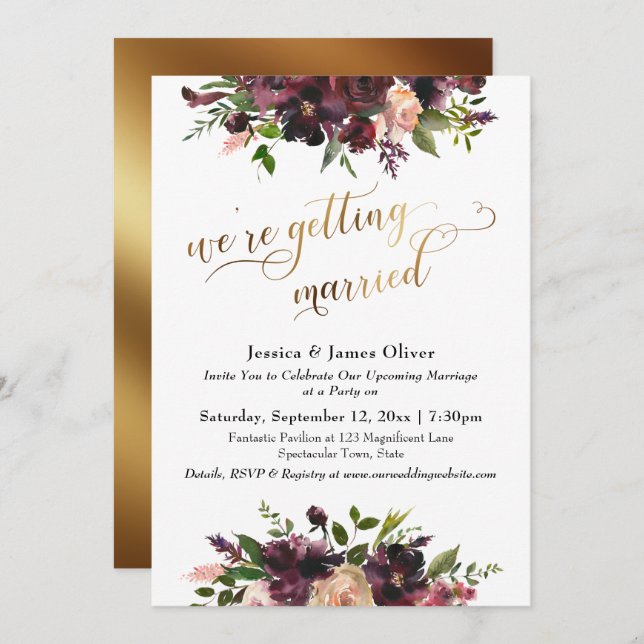 Invitation Bourgogne Rouge Floral & Or Nous nous marions (Devant / Derrière)