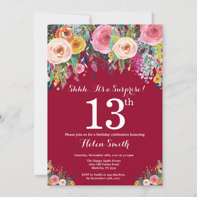 Invitation Bourgogne Rouge Floral Surprise 13e anniversaire (Devant)