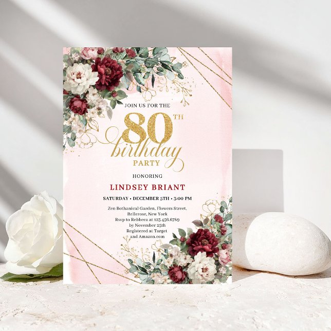 Invitation Bourgogne Rouge Foncé Floral Or 80ème Anniversaire (Burgundy Deep Red Floral Gold 80th Birthday)