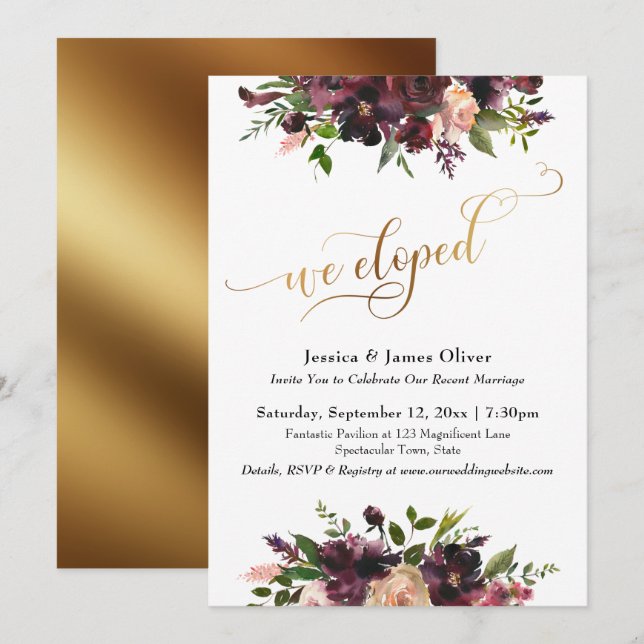 Invitation Bourgogne Rouge Foncé Floral Or Script Nous Nous S (Devant / Derrière)
