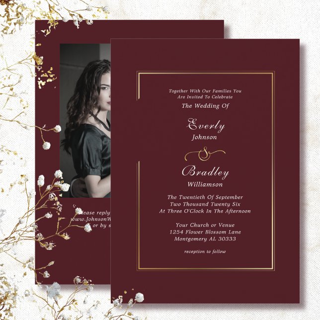 Invitation Bourgogne Rouge Foncé Mariage Blanc Or Bordure (Créateur téléchargé)