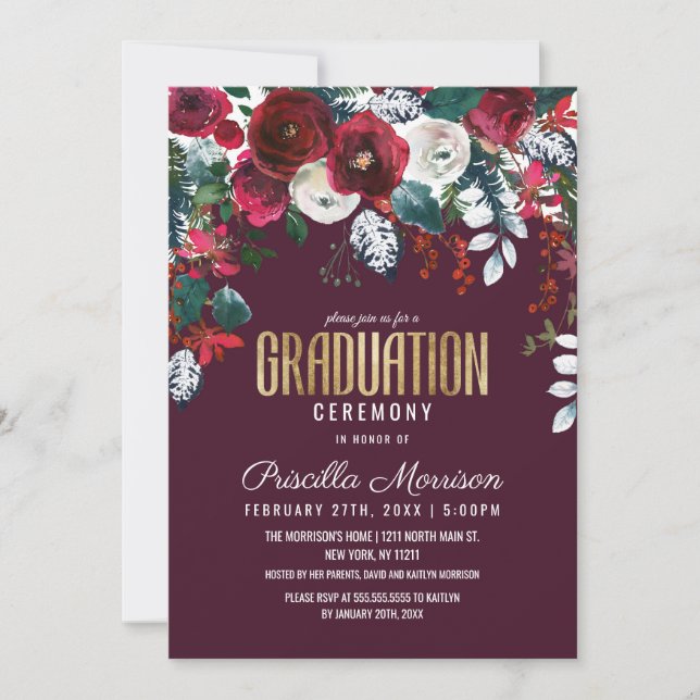 Invitation Bourgogne Rouge ivoire Floral Arrangement Graduati (Devant)