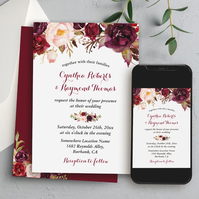 Invitation Bourgogne Rouge Marsala Floral Chic Mariage de aut (From rustic to formal indoor affairs, this invitation complements a variety of wedding settings.)