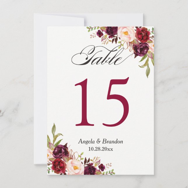 Invitation Bourgogne Rouge Marsala Floral Mariage Numéro de t (Devant)