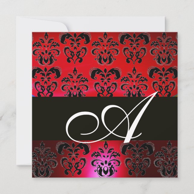 Invitation BOURGOGNE ROUGE NOIR DAMAS MONOGRAMME, rubis blanc (Devant)