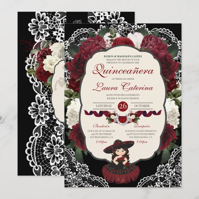 Invitation Bourgogne Rouge Noir Floral Élégant Charro Quince (Devant / Derrière)