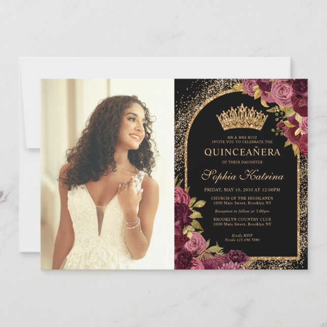 Invitation Bourgogne Rouge Noir Or Floral Photo Quinceanera (Devant)