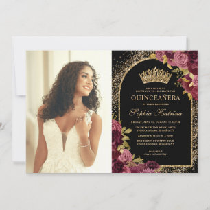 Invitation Bourgogne Rouge Noir Or Floral Photo Quinceanera