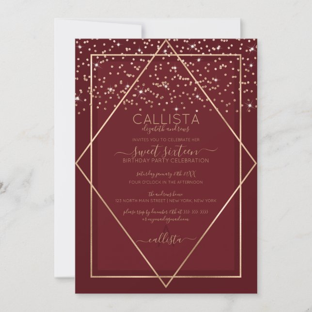 Invitation Bourgogne Rouge or Confetti Bordure Sweet 16 (Devant)