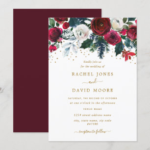 Invitation Bourgogne Rouge Or Floral Noël Mariage