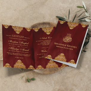 Invitation Bourgogne Rouge Or Motif Islamique Mariage Musulma