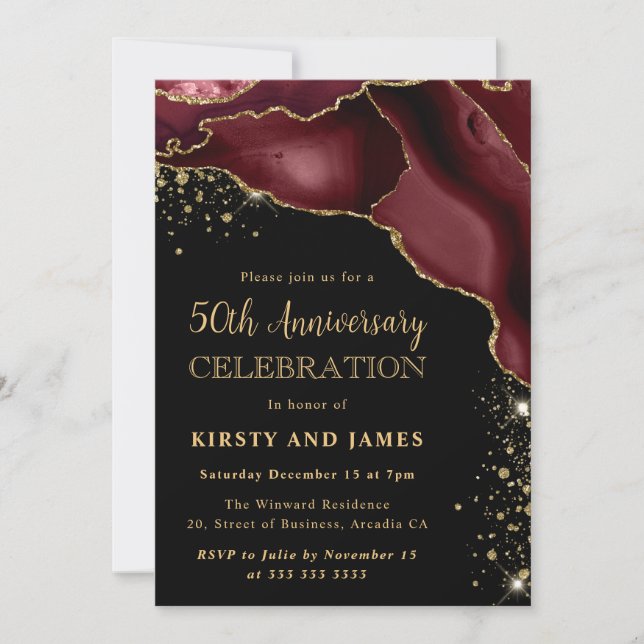 Invitation Bourgogne Rouge & Or Paillettes Agate 50e Annivers (Devant)