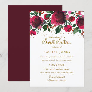 Invitation Bourgogne Rouge or Sweet sixteen Floral Anniversai
