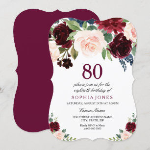 Invitation Bourgogne Rouge rose floral 80e anniversaire